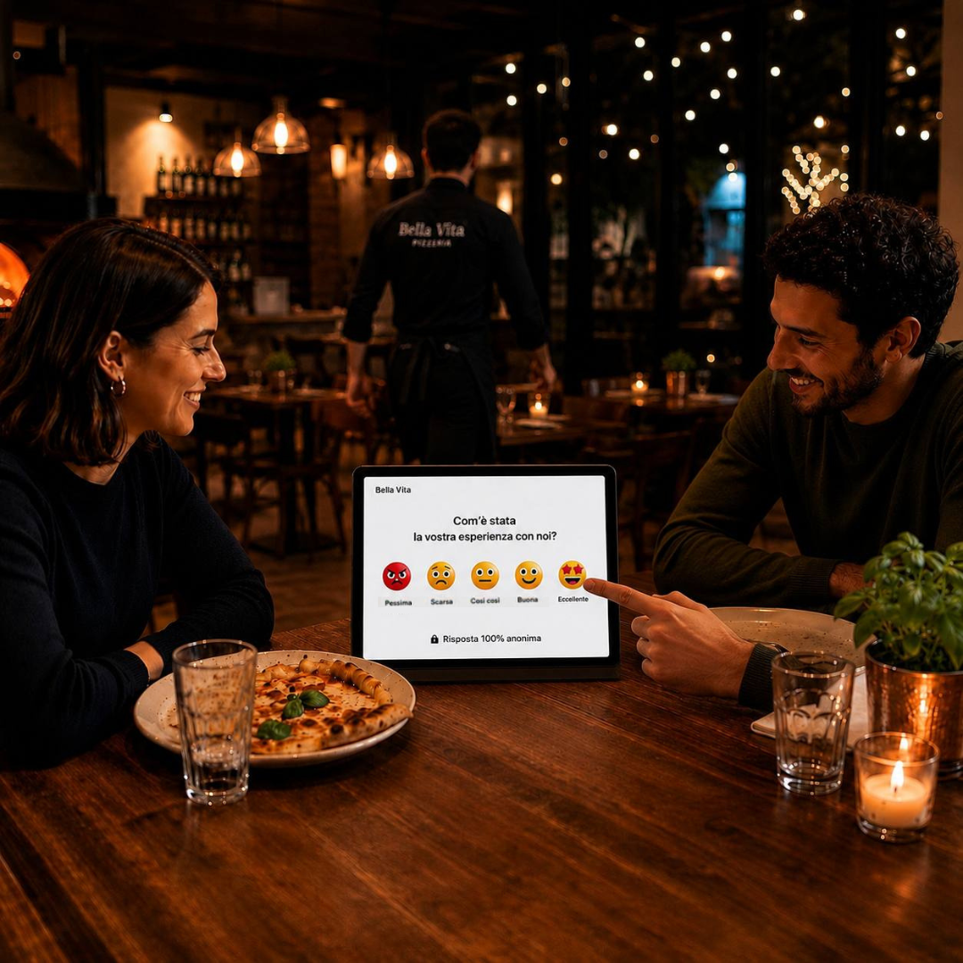 Cameriere mostra tablet per recensioni Google al tavolo - Bella Vita Pizzeria