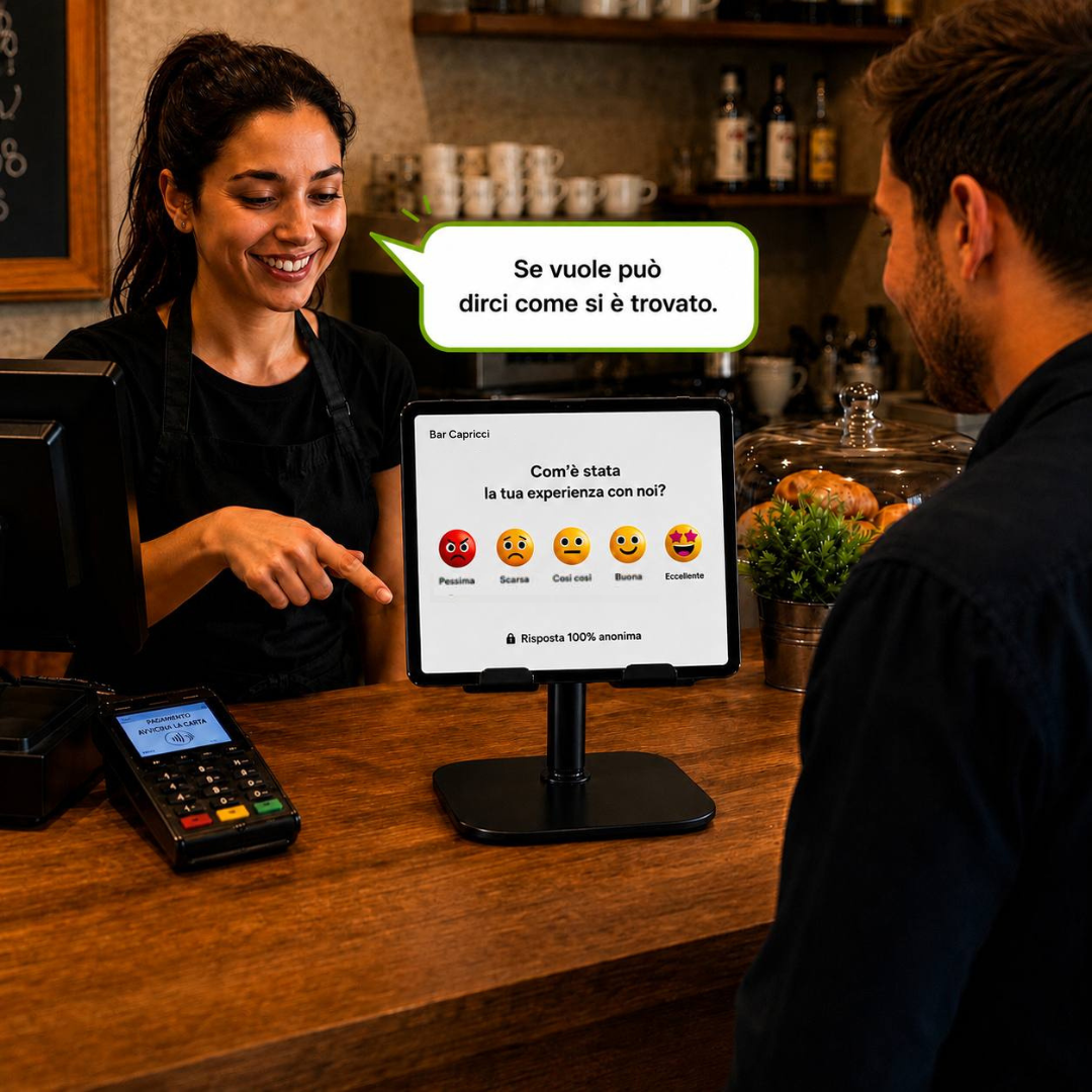 Cassiera indica tablet al cliente per lasciare recensione Google