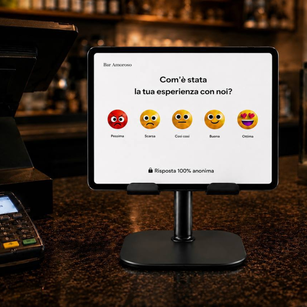 Tablet vicino alla cassa con PiùRecensioni