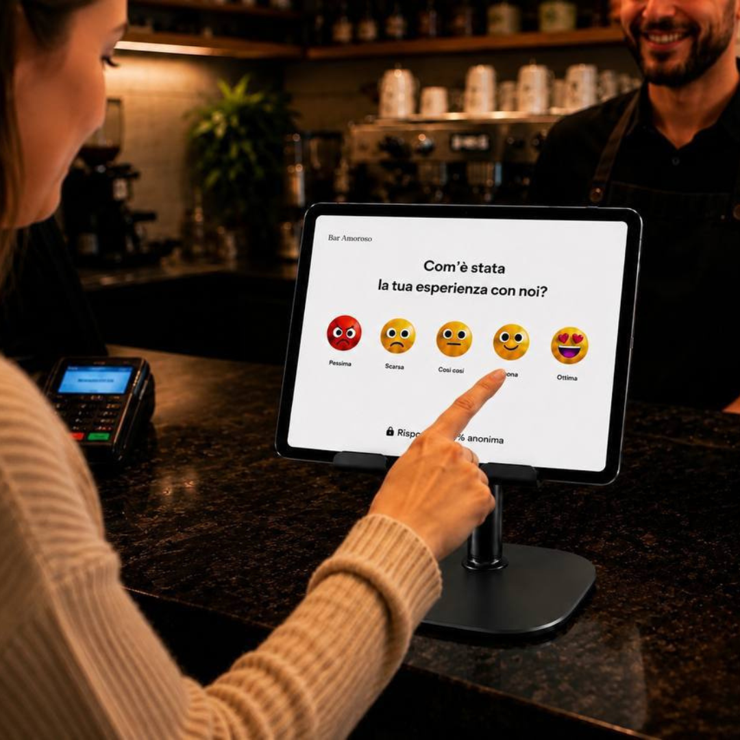 Cliente che tocca faccina sul tablet